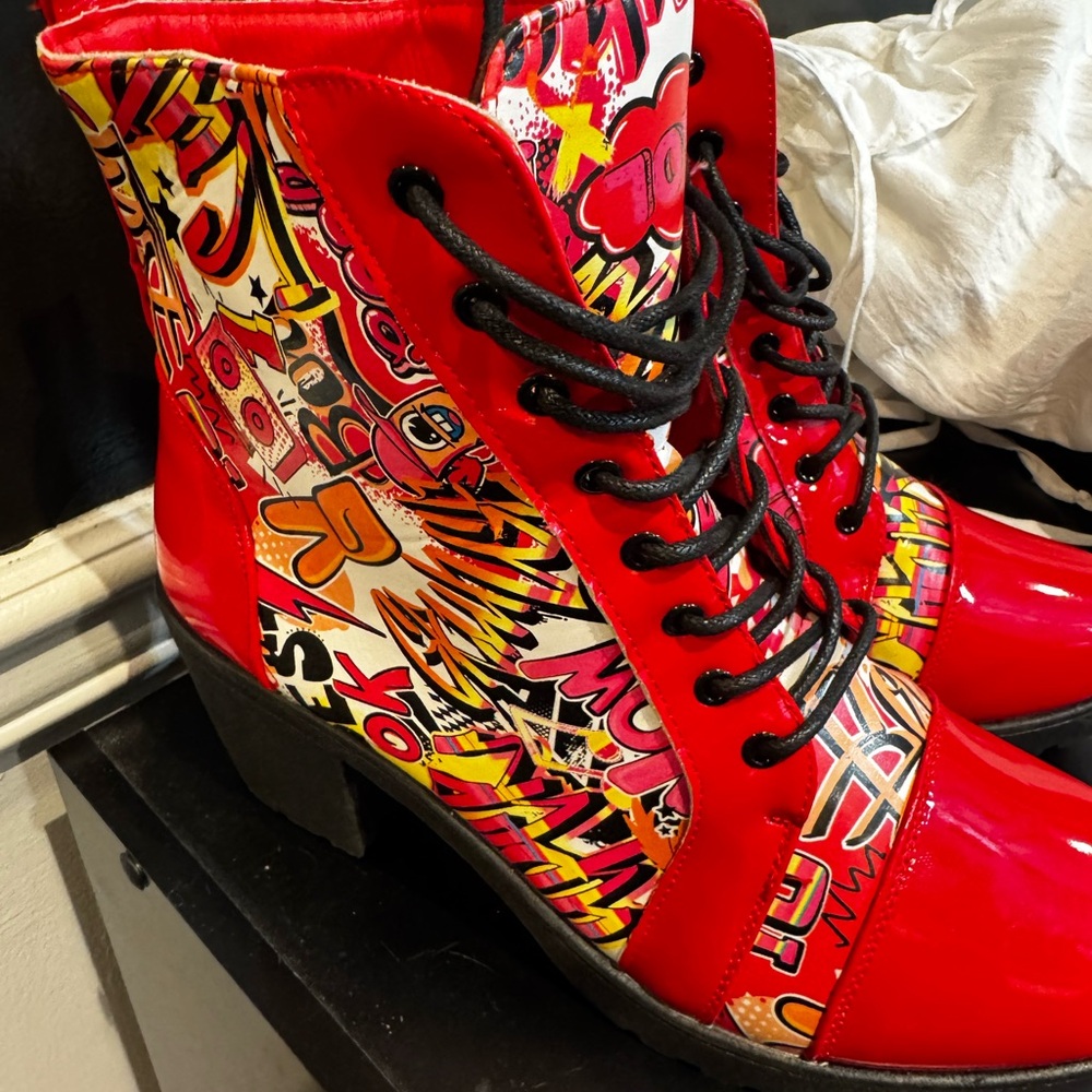 Ashley Blue Red Graphic Combat Boots - Picture 3 of 8